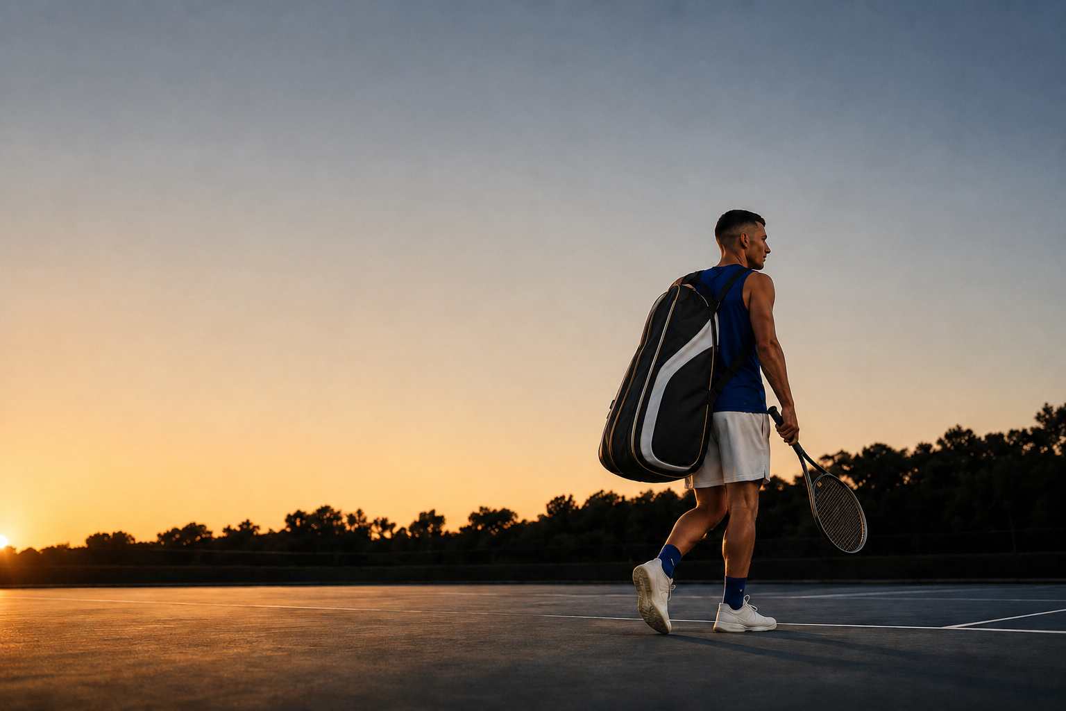 Tennis player walking on a court at sunset